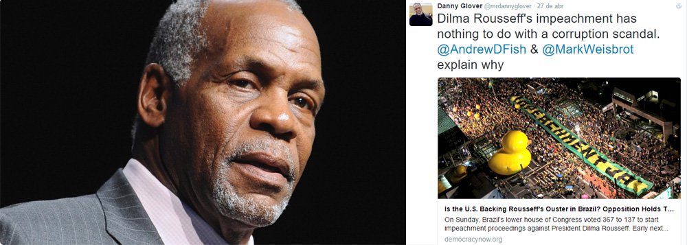 Ator e diretor americano voltou a se manifestar contra o golpe contra o mandato da presidente Dilma Rousseff em curso no Senado; em sua conta Twitter, Glover foi taxativo: "Impeachment de Dilma Rousseff não tem nada a ver com corrupção", afirmou, ao compartilhar texto de Mark Weisbrot, diretor do Centro de Pesquisa Econômica e Política, em Washington, que aponta os interesses dos Estados Unidos na derrubada do governo da presidente Dilma: "Estados Unidos querem se livrar do Partido dos Trabalhadores, como sempre quiseram"