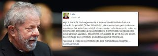 Através do Facebook, Lula divulgou a troca de emails entre o instituto que leva seu nome e uma repórter do jornal O Globo; a jornalista pede respostas sobre questões que já foram vazadas à imprensa, como os valores recebidos por Lula em palestras, com o objetivo de "fingir que o instituto esconderia alguma informação". o Instituto diz que optou pela divulgação dos emails para que a resposta não seja manipulada pelo jornal