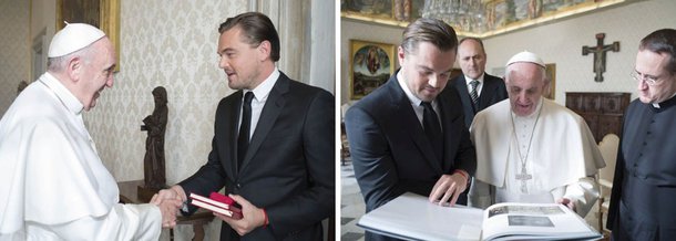Papa Francisco recebeu nesta quinta-feira, 28, o ator norte-americano Leonardo DiCaprio; o Vaticano não deu detalhes sobre o encontro, mas um porta-voz do Vaticano disse acreditar que a audiência, que segundo a agenda do pontífice deveria durar 15 minutos, tem relação com a preocupação de ambos com o meio ambiente e a mudança climática