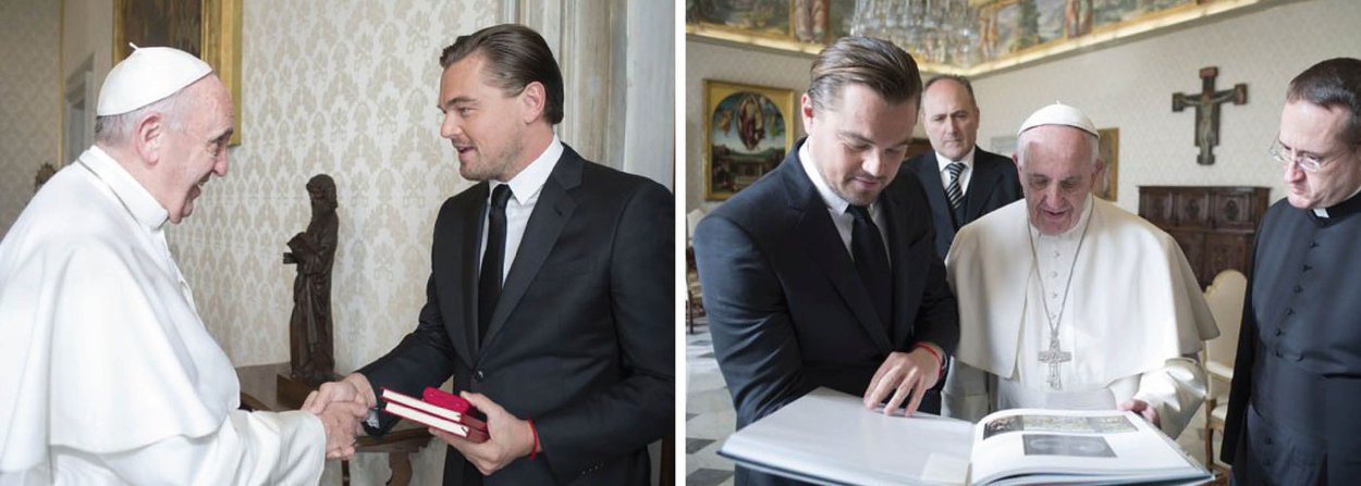 Papa Francisco recebeu nesta quinta-feira, 28, o ator norte-americano Leonardo DiCaprio; o Vaticano não deu detalhes sobre o encontro, mas um porta-voz do Vaticano disse acreditar que a audiência, que segundo a agenda do pontífice deveria durar 15 minutos, tem relação com a preocupação de ambos com o meio ambiente e a mudança climática