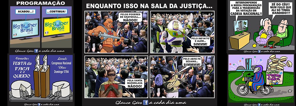 Corrosivo, o humor do chargista Glauco Góes, em sua página no Facebook, Glauco Góes – A Cada Dia Uma, destila ironia ácida. Com traços originais, denuncia, na rede mundial de computadores, a escalada do autoritarismo no Brasil, pós-1964, como a traição de Michel Te¬mer, para chegar, sem votos, ao poder central do País