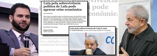 Com o peso da assinatura do editor-executivo, Sérgio Dávila, Folha distribui mensagem aos assinantes sugerindo que a "luta de Lula pela sobrevivência política agravaria a crise econômica"; ele se refere a um artigo escrito pelo colunista Sérgio Malbergier, que afirma: "Ele (Lula) vai colocar seu bloco na rua, mesmo gerando mais instabilidade política e turbulência econômica, agravando as crises gêmeas (...). A luta pela sobrevivência política de Lula será dura e cara. Adivinhe quem vai pagar essa conta"; na linha de pensamento do jornal, ao que parece, Lula deve morrer para o Brasil crescer