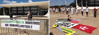 Um grupo de pessoas sem ligação com sindicatos nem movimentos sociais organizados fez um ato de desagravo aos ministros do Supremo Teori Zavascki e Marco Aurélio Mello, 'ministros que honram a Justiça', segundo uma das faixas; 'Em defesa da democracia', os manifestantes também pediram que a corte interfira para que o deputado Eduardo Cunha (PMDB-RJ) deixe a presidência da Câmara