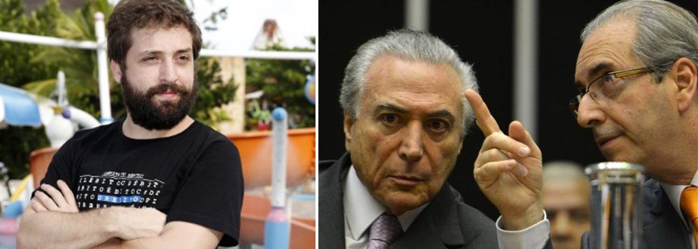 Humorista Gregório Duvivier chama o PMDB de Al Qaeda e questiona o golpe contra Dilma: ‘Um impeachment orquestrado por Eduardo Cunha que beneficia Michel Temer é como um pênalti marcado pelo Eurico Miranda a favor do Vasco. Se não é certo, certamente não é justo, e menos ainda sensato. Se o pecado de Dilma foi ser conivente com roubo, qual é o sentido de trocá-la pelo ladrão?’; “O país hoje é um avião governado por uma pilota obtusa e despreparada, mas vale lembrar que o copiloto é da Al Qaeda”, completa