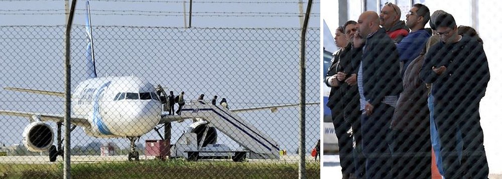 O homem que desviou um avião do Egito para o Chipre foi detido pelas força de segurança locais; informação foi divulgada minutos depois de quatro das sete pessoas que o homem mantinha reféns terem abandonado a aeronave, três pela porta e outra pela janela da cabine dos pilotos; o Airbus A-320 da EgyptAir fazia a ligação entre Alexandria, no Norte do Egito, e o Cairo, e foi desviado para Larnaca, no Sul da ilha de Chipre; segundo o presidente de Chipre, Nicos Anastasiades, as motivações do sequestro ainda não são claras, mas "não estão ligadas ao terrorismo"