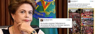 “A direita do continente desconhece a Soberania Popular. Pretendem que desapareçamos? Alerta, alerta que caminha”, escreveu o presidente venezuelano Nicolas Maduro no Twitter; junto com a declaração, Maduro postou fotos de manifestações contra o impeachment feitas no Brasil; também via a rede social, o presidente boliviano, Evo Morales, referiu-se à votação de domingo à noite como um “golpe”, reproduzindo um discurso amplamente repetido pelos críticos ao impeachment e pela própria Dilma; “Não ao golpe no Congresso. Defendamos a democracia do Brasil, sua liderança regional e a estabilidade da América Latina”