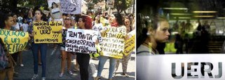Professores, servidores, alunos e ex-alunos da Universidade do Estado do Rio de Janeiro participam de um protesto contra a falta de recursos que tem causado prejuízos às atividades acadêmicas e aos atendimentos do Hospital Universitário Pedro Ernesto (Hupe); os manifestantes se reuniram na porta do hospital, em Vila Isabel, na zona norte do Rio de Janeiro; de lá, iniciaram uma caminhada em direção ao campus principal da Uerj, também na zona norte