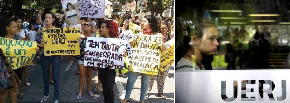 Professores, servidores, alunos e ex-alunos da Universidade do Estado do Rio de Janeiro participam de um protesto contra a falta de recursos que tem causado prejuízos às atividades acadêmicas e aos atendimentos do Hospital Universitário Pedro Ernesto (Hupe); os manifestantes se reuniram na porta do hospital, em Vila Isabel, na zona norte do Rio de Janeiro; de lá, iniciaram uma caminhada em direção ao campus principal da Uerj, também na zona norte