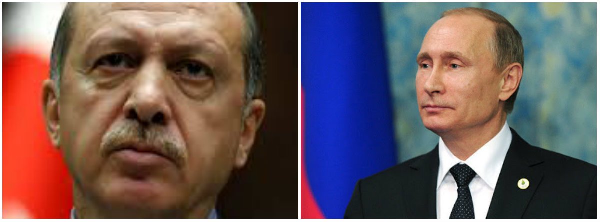 A Turquia, que tem como presidente Tayyip Erdogan (à esq.) acusou a Rússia, comandado pro Vladimir Putin (à dir.) de invadir seu espaço aéreo pela segunda vez em dois meses, numa nova escalada da crise entre os dois países; de acordo com comunicado do Ministério das Relações Exteriores da Turquia, o avião russo SU­34 teria passado a fronteira, apesar de avisos por radar em russo e em inglês; segundo o governo turco, Moscou será responsável por quaisquer "terríveis" consequências; o governo turco convocou o embaixador russo no país para transmitir seu "firme protesto e condenação" pela incursão do avião