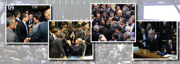 Manobra do presidente da Câmara e de seus aliados no golpe avacalha de vez o parlamento; decisão de Eduardo Cunha (PMDB-RJ) de impor votação secreta para definir os integrantes da comissão de impeachment e de não permitir questões de ordem termina em cenas de briga de rua no plenário da Casa; urnas foram quebradas; circo criado por Cunha terminará no STF; o PCdoB entrou com duas ações contra a votação secreta e contra a criação de uma segunda chapa; segundo a líder do partido, deputada Jandira Feghali (RJ), isso é ilegal; governistas gritam "não vai ter golpe", e oposicionistas rebatem: "vai ter impeachment"; Cunha, que tenta solapar a democracia, já conseguiu destruir a Câmara em sua breve gestão