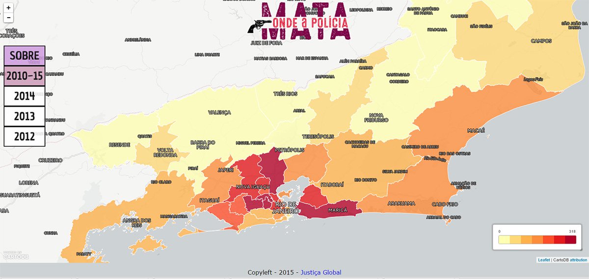 A Organização Não Governamental Justiça Global lançou um mapa online que mostra a distribuição, no Rio, dos homicídios decorrentes de intervenção policial, chamados de autos de resistência; o mapa identifica os batalhões da PM que têm mais número de mortes e traz dados de 2010 a 2015; nos cinco anos de abrangência dos números, retirados dos relatórios do Instituto de Segurança Pública (ISP), três batalhões da zona norte e Baixada Fluminense superam 300 mortes
