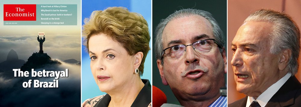 Revista britânica The Economist utilizou a imagem do Cristo Redentor para falar da crise politica e econômica do Brasil; com a imagem do Cristo segurando um cartaz onde está escrito "SOS", a publicação destaca que a presidente Dilma Rousseff tem parcela de responsabilidade na crise econômica, mas afirma que os que trabalham para afastá-la do cargo "são, em muitos aspectos, piores" e cita o presidente da Câmara, Eduardo Cunha (PMDB-RJ), como exemplo; editorial também cita que o vice Michel Temer deverá enfrentar dificuldades caso chegue ao poder por meio do impeachment e destaca que "no curto prazo, o impeachment não vai resolver isso [os problemas do país]" e que o Brasil precisa realizar novas eleições gerais