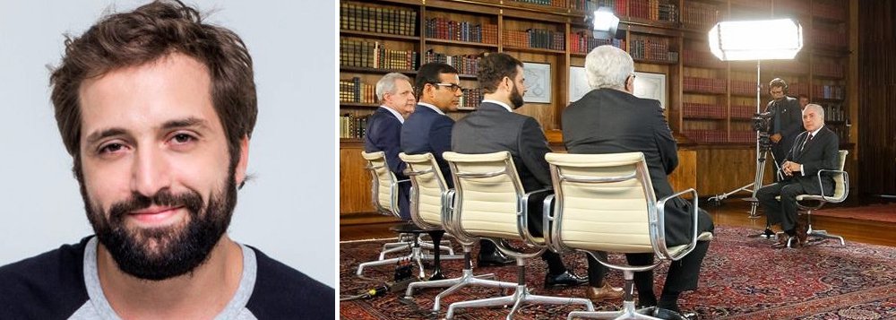 "Se tem uma coisa que aprendi a venerar é o jornalismo investigativo, aquele que diz que o rei está nu e ainda denuncia: tem pau pequeno. O pessoal do 'Roda Viva', ao ver o rei nu, elogia: 'Que pau bonito, hein, majestade! Fale mais sobre como é que o senhor faz pra manter um pau bonito como esse. Posso dar uma brincada?'", diz Gregório Duvivier, ao comentar o Roda Viva chapa-branca com Michel Temer