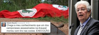 "Chega a meu conhecimento que um dos camponeses assassinados na Araupel morreu com tiro nas costas. EXECUÇÃO", denunciou o senador Roberto Requião (PMDB-PR), por meio das redes sociais