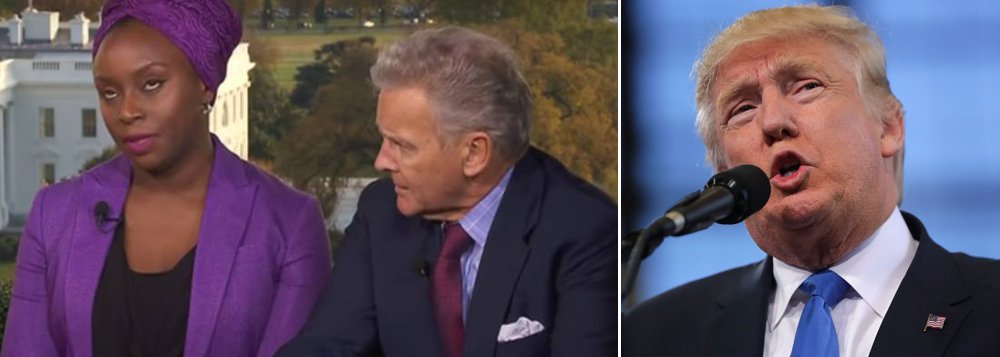 A escritora nigeriana Chimamanda Ngozi Adichi apontou imposição de lugar de fala de editor-chefe da American Spectator, R. Emmet Tyrell, que defendeu Trump das acusações de racismo; Tyrell defendeu o novo presidente dos EUA; "Não é verdade, ele nunca foi racista"; a autora de "Americanah" e de "Sejamos todos feministas" respondeu: "Me desculpe, mas se você é um homem branco, não cabe a você dizer o que é racismo. Não mesmo"; vídeo