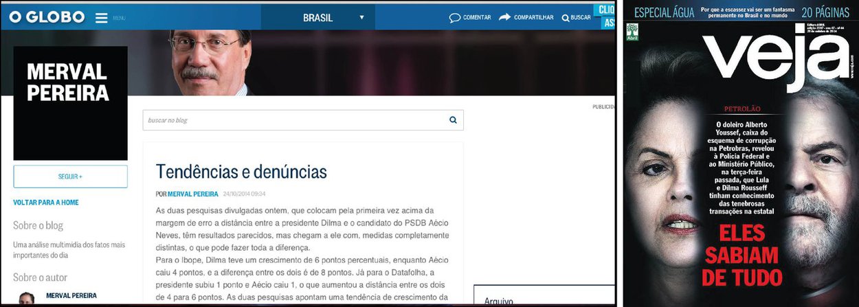 Artigo assinado por Sylvia Debossan Moretzsohn mostra que a tese do impeachment começou a ser formulada antes mesmo da vitória de Dilma Rousseff; "Na imprensa, foi discretamente plantada por Merval Pereira em sua coluna do Globo de 24 de outubro de 2014, dois dias antes da realização do segundo turno das eleições. Merval escreveu que, se comprovadas as denúncias, "o impeachment da presidente será inevitável, caso ela seja reeleita", afirma ela, citando também reportagens a favor do golpe publicadas por Veja, Folha de S. Paulo e Globo; leia ínegra