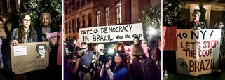 ‘STOP COUP IN BRAZIL! A concretização do impeachment na Câmara deixou a população com vergonha e escancarou a falta de seriedade e compromisso dos articuladores do golpe com o Brasil. Não podemos permitir que essa fraude - que agora segue para o Senado - seja bem-sucedida. Contamos com o apoio da comunidade internacional para engrossar o coro e dizer: não ao golpe no Brasil!’, diz o movimento em defesa da democracia no Brasil 