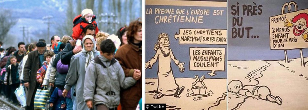 Jornal satírico francês Charlie Hebdo atraiu polêmica nas redes sociais ao representar o menino sírio Aylan Kurdi, encontrado morto em uma praia da Turquia depois de uma tentativa fracassada de cruzar o Mar Mediterrâneo com a família, ao lado de um cartaz de propaganda divulgando promoção de duas refeições infantis pelo preço de uma;"Cheguei tão perto...", diz o texto