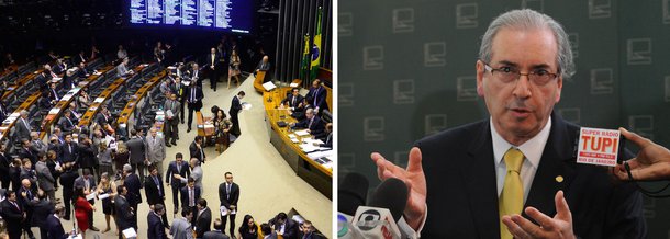 O presidente da Câmara, Eduardo Cunha (PMDB-RJ) foi alvo de protesto nesta quarta (21) no Salão Verde; aos gritos de “fora, Cunha” e “Vá para a Suíça”, os manifestantes, com máscaras de papel com a foto do parlamentar, pediram sua saída da presidência da Casa; o protesto ocorreu pouco antes de Cunha ser homenageado pelo PMDB, que o incluiu na galeria de ex-líderes, com a participação de parlamentares do Psol, PT e PR; durante o protesto, Cunha ficou em silêncio; posteriormente, disse que a manifestação “faz parte do ambiente democrático”