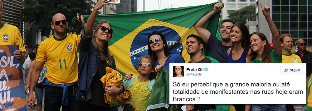 Cantora Preta Gil, filha do ex-ministro da Cultura, Gilberto Gil, destaca no Twitter falta de manifestantes negros nos protestos de domingo: “Só eu percebi que a grande maioria ou até totalidade de manifestantes nas ruas hoje eram Brancos?”, postou ela; mensagem gerou polêmica na rede