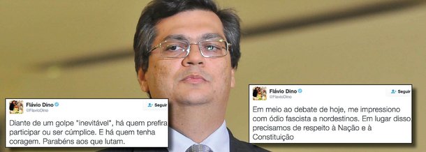 O governador Flávio Dino (PC do B) voltou a criticar a tentativa de golpe contra o mandato da presidente Dilma Rousseff; ele elogiou aqueles que têm coragem e lutam; "No meu dicionário, direito de defesa e devido processo legal são assuntos sérios. Brincadeira é fingir ser sério um "impeachment" sem crime. Diante de um golpe "inevitável", há quem prefira participar ou ser cúmplice. E há quem tenha coragem", afirmou; ele também reagiu às críticas feitas contra nordestinos, em decorrência da decisão do presidente interino da Câmara, Waldir Maranhão (PP-MA) que anulou a sessão do impeachment; "Me impressiono com ódio fascista a nordestinos. Em lugar disso, precisamos de respeito à Nação e à Constituição", disse