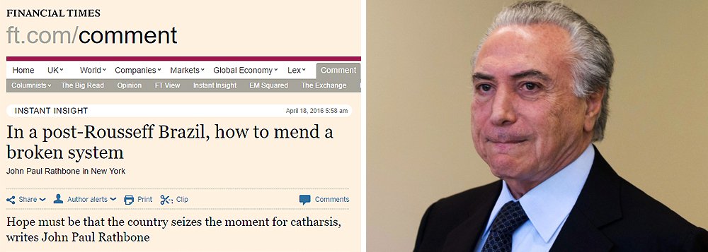 Jornal inglês Financial Times disse que o resultado da votação de aberturado processo de impeachment da presidente Dilma Rousseff pela Câmara dos Deputados joga o Brasil em uma "transição arriscada"; segundo o FT, "o período intermediário em que ela (Dilma) será uma governante em fim de mandato, mas que o senhor Temer ainda não tenha assumido o poder poderia criar um vácuo de poder"; veículo britânico também destaca que Temer também corre o risco de ser apeado do poder e "terá de agir rapidamente para garantir que ele também não será deposto"