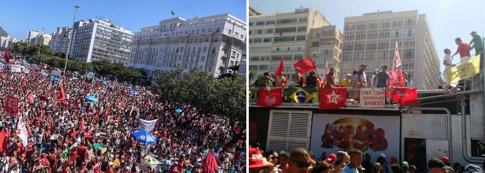 Centenas de pessoas se reúnem, neste domingo (17), no bairro de Copacabana, zona sul do Rio, para protestar contra o impeachment da presidente Dilma; no Facebook consta a hashtag #FunkPelaDemocracia. "A favela ta aqui em Copacabana pra gritar que #NãoVaitergolpe"; em vídeo, o cantor de rap Flávio Renegado já havia convocado, pelas redes sociais, a população a fazer uma manifestação contra o golpe; "O morro vai descer em peso. Não ao golpe!"; mais de 20 funkeiros se revezaram com representantes de movimentos sociais, artistas e magistrados no palco montado no bairro