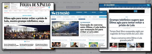 Assim como atuaram juntos em 1964, engajados no golpe contra João Goulart, os jornais Folha, Globo e Estado abraçam a mesma narrativa: a de que a presidente Dilma Rousseff teria tentado obstruir a Justiça, ao nomear o ex-presidente Lula ministro da Casa Civil; nesta quarta-feira, o juiz Sergio Moro grampeou uma conversa entre Dilma e Lula e a tornou pública; nela, ambos tratam da nomeação do ex-presidente