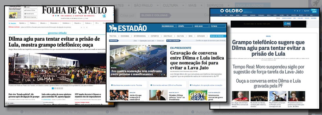 Assim como atuaram juntos em 1964, engajados no golpe contra João Goulart, os jornais Folha, Globo e Estado abraçam a mesma narrativa: a de que a presidente Dilma Rousseff teria tentado obstruir a Justiça, ao nomear o ex-presidente Lula ministro da Casa Civil; nesta quarta-feira, o juiz Sergio Moro grampeou uma conversa entre Dilma e Lula e a tornou pública; nela, ambos tratam da nomeação do ex-presidente