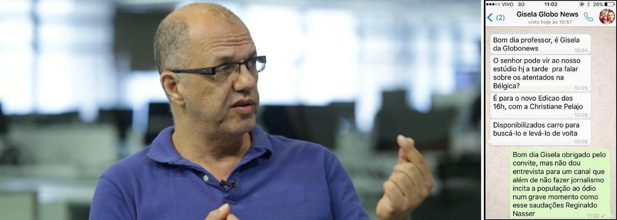 Professor Reginaldo Nasser, que leciona Relações Internacionais na Pontifícia Universidade Católica de São Paulo (PUC-SP), publicou em sua conta no Facebook a resposta que deu ao convite para participar do programa da jornalista Cristiane Pelajo, da Globonews; "Não dou entrevista para um canal que além de não fazer jornalismo, incita a população ao ódio num grave momento como esse", afirmou