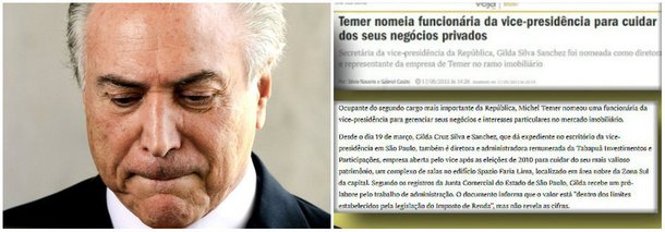 Jornalista Fernando Brito, do Tijolaço, lembra que, em 2010, o vice-presidente Michel Temer abriu uma empresa de negócios imobiliários, "a Tabapuã Empreendimentos e Participações, da qual detém 99,999%, com um pequeno capital de R$ 10 mil. Em tese voltada apenas para receber os aluguéis de 20 salas de um prédio no Itaim Bibi cinco meses depois elevado para R$ 2,2 milhões passando a dedicar-se à “incorporação de empreendimentos imobiliários"; o blogueiro diz, ainda, que", segundo registros da Junta Comercial de São Paulo", Temer contratou, para a empresa, uma funcionária "paga pelo Estado e designada quando já estava ele no Palácio do Jaburu"