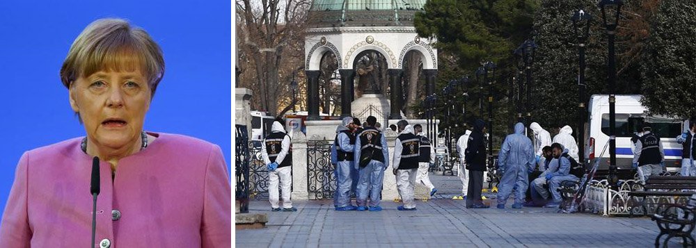 A maior parte dos 10 mortos em uma explosão em Istambul, supostamente realizada por um homem-bomba suicida, é de cidadãos alemães, disse o primeiro-ministro turco, Ahmet Davutoglu, por telefone à chanceler alemã, Angela Merkel; Merkel mostrou preocupação; "O terrorismo internacional tem exibido sua cara feia", disse; "Precisamos agir decisivamente contra ele"