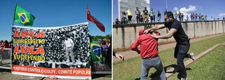 Vestidos de vermelho e portando bandeiras de apoio ao PT, centenas de manifestantes favoráveis ao governo da presidenta Dilma e à posse do ex-presidente Lula como ministro da Casa Civil se reúnem em frente ao Palácio do Planalto; um grupo contrário ao governo e ao partido também começou a se reunir logo cedo em frente ao Congresso Nacional; grupos pró e contra o governo Dilam entraram em confronto; a PM usou spray de pimenta; um representante de cada grupo foi detido por policiais e levados para a 5ª Delegacia de Polícia (área central); manifestantes furaram bloqueio; clima ficou tenso