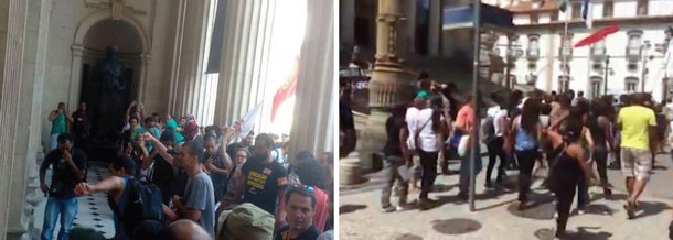 Profissionais da educação do Rio de Janeiro, em greve desde o dia 2, fazem uma vigília em frente à Assembleia Legislativa (Alerj), onde o governador em exercício, Francisco Dornelles, se reúne com deputados para discutir um pacote de medidas fiscais; as portas da Alerj foram fechadas e os seguranças jogaram spray de pimenta nos professores e estudantes que acompanham o protesto; segundo a diretora do Sindicato dos Profissionais da Educação (Sepe) Florinda Lombardi, a categoria é contra o aumento da contribuição previdenciária prevista no projeto do governo, entre outros pontos