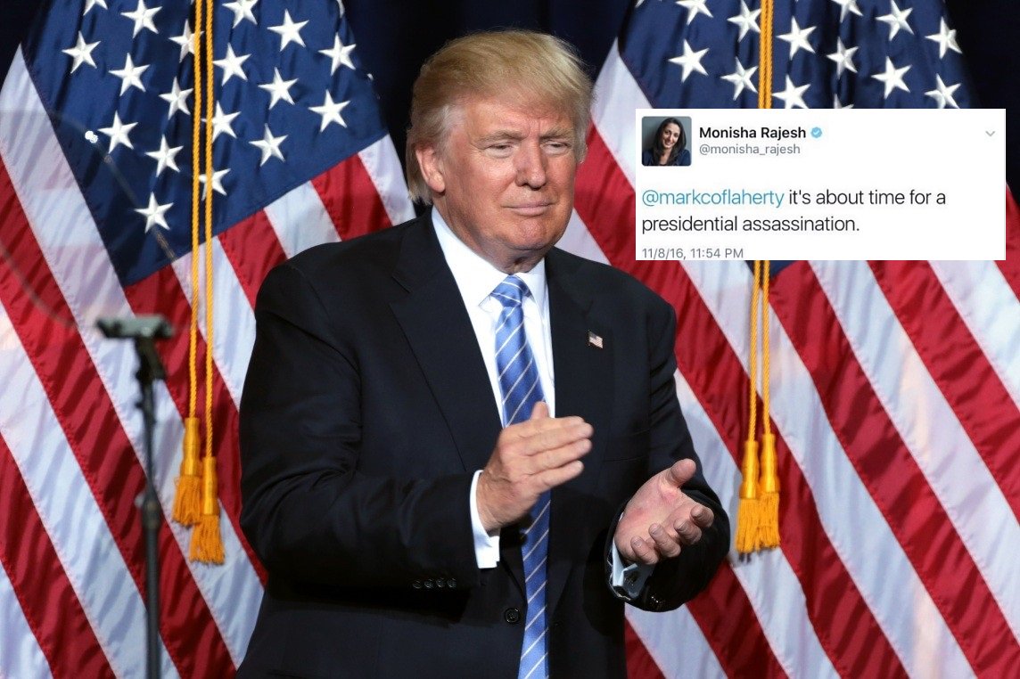 Uma jornalista que escreve para o jornal The Guardian pediu um "assassinato presidencial" nos EUA através do Twitter – e em seguida deletou sua conta na rede social; "Está na hora de um assassinato presidencial", disse Monisha Rajesh em tweet ao colega jornalista Mark C. O'Flaherty; O'Flaherty respondeu: "haaaa — é tudo de que falamos durante a última hora"; Rajesh é uma jornalista freelance que contribui para o The Guardian e que já escreveu para outros grandes jornais do Reino Unido, bem como para o New York Times; O'Flaherty escreve para o Financial Times, o Sunday Times e outras publicações; ameaçar o presidente é um crime nos Estados Unidos
