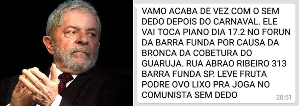 Chegaram ao blog várias denúncias de que grupos antipetistas planejam agredir o presidente durante seu depoimento. No alto da página, você vê reprodução de mensagem que o Blog recebeu via Whats App. Essa é só uma entre muitas mensagens que estão circulando por várias redes convocando fascistas a irem agredir Lula