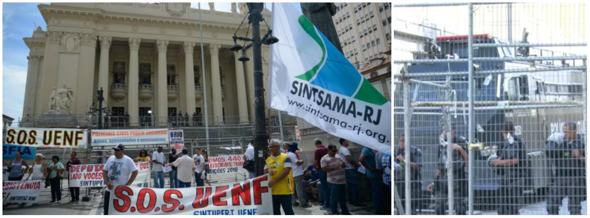 Os deputados estaduais do Rio de Janeiro retomam os trabalhos e servidores voltaram a protestar em frente à Assembleia Legislativa (Alerj) contra o atraso de salários e o pacote de corte de gastos do governo estadual; servidores e funcionários da Companhia Estadual de Águas e Esgotos (Cedae) começaram a se concentrar em frente ao Palácio Tiradentes, sede do Legislativo estadual, e fecharam as pistas da Avenida Presidente Antônio Carlos, o que complica o trânsito na região
