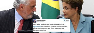 "Enquanto muitos conspiram p/ chegar aonde as urnas ñ deixaram, nós seguiremos combatendo as tentativas de violação do processo democrático", postou o ministro Jaques Wagner, no Twitter; ele condenou também o cinismo dos que repetem a obviedade de que impeachment não é golpe por estar previsto na Constituição; "O que os defensores do afastamento de @dilmabr não dizem é que tal dispositivo só pode ser acionado em caso de crime de responsabilidade"