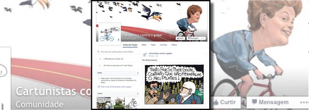 Uma comunidade no Facebook, que já conta com quase 3 mil curtidas, reúne as principais charges sobre a tentativa de golpe em curso no país; intitulada Cartunistas contra o golpe, a página publica desenhos de Laerte, Carlos Latuff, Renato Aroreira, entre outros
