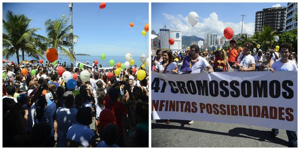 Portadores da Síndrome de Down, parentes e profissionais da saúde participaram de ato na orla de Ipanema, zona sul do Rio pedindo inclusão e menos preconceito
