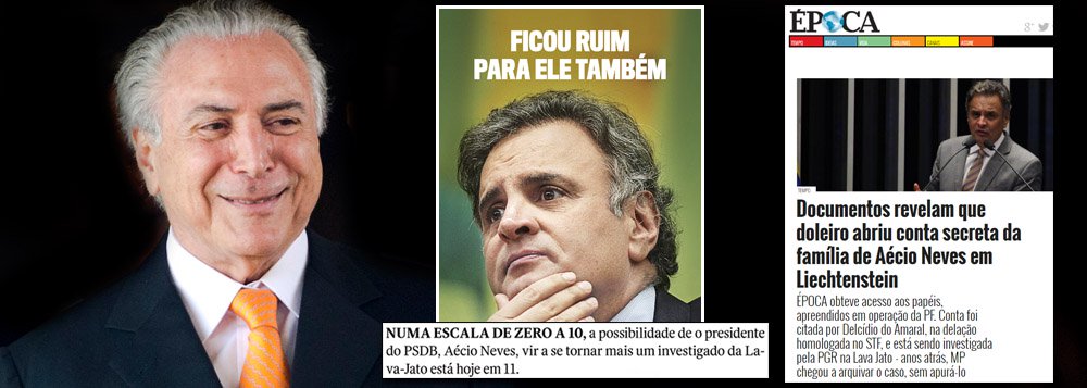 Responsável número 1 pela crise política brasileira, por não ter aceitado civilizadamente sua derrota nas eleições presidenciais de 2014, o senador Aécio Neves (PSDB-MG) foi jogado ao mar por seus dois maiores aliados: Globo e Abril; três dias atrás, Época denunciou a conta de sua família no paraíso fiscal de Liechtenstein; hoje, Veja afirma que, numa escala de zero a 10, a chance de que Aécio seja denunciado pela Procuradoria-Geral da República é de 11; isolar as pretensões de Aécio se tornou essencial para que os meios de comunicação, patrocinadores da crise atual, consigam empossar Michel Temer no Palácio do Planalto; assim como Carlos Lacerda, que foi o primeiro a ser rifado após incitar o golpe de 1964, o mesmo acontece com Aécio