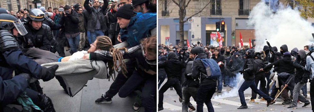 Polícia francesa deteve 208 manifestantes no centro de Paris após diversos grupos violarem a proibição de manifestações na capital, em vigor desde os atentados terroristas do último dia 13; Marcha pelo Clima, que estava agendada para esta segunda-feira (30), foi cancelada por causa dos atentados que deixaram 130 mortos e 350 feridos; "Sabemos que existiam elementos perturbadores que nada têm a ver com os ambientalistas", disse o presidente francês, François Hollande, ao comentar o episódio