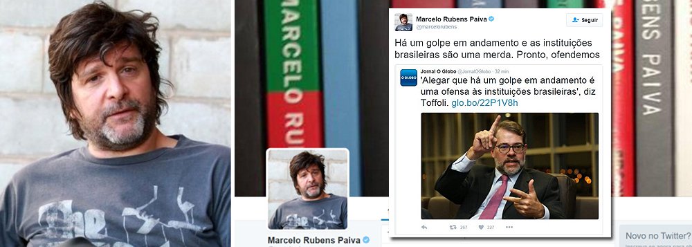 Em resposta a uma declaração do ministro do STF Dias Toffoli, de que "alegar que há um golpe em andamento é uma ofensa às instituições brasileiras", o jornalista e escritor Marcelo Rubens Paiva afirmou, pelo Twitter: "Há um golpe em andamento e as instituições brasileiras são uma merda. Pronto, ofendemos"