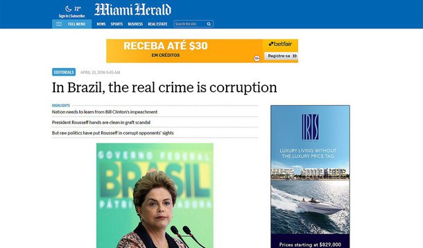 Mais um importante jornal dos EUA defende Dilma Rousseff e denuncia o impeachment como um instrumento político, que não deveria ser usado da forma como está sendo usado no Brasil; jornal lembra que Bill Clinton sofreu um impeachment da Câmara dos Deputados, mas o processo foi derrubado no Senado; enfatiza ainda que Dilma tem a ficha limpa, não está envolvida em nenhum escândalo, ao contrário de Eduardo Cunha, o deputado que presidiu a sessão do impeachment, e Michel Temer, que pretende ocupar seu lugar