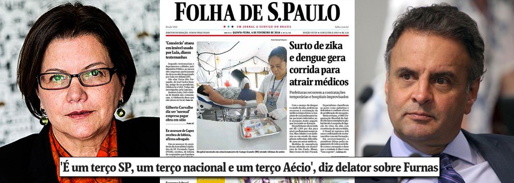 Jornalista Vera Guimarães Martins, ombudsman da Folha de S. Paulo, criticou neste domingo, 7, a falta de destaque do jornal à declaração do lobista Fernando Moura, de que o senador Aécio Neves, presidente do PSDB, recebia um terço do esquema de propinas montado em Furnas; "A citação ao tucano apareceu com maior ou menor destaque na capa dos grandes diários, mas não deu as caras na "Primeira Página" da Folha", criticou; Vera lembra que o senador tucano é o maior líder da oposição, "e nessa condição tem sido crítico contundente do governo petista a cada revelação trazida pelas investigações" e recomenda ao jornal dirigido por Otávio Frias Filho que "leve em conta as mudanças no país"