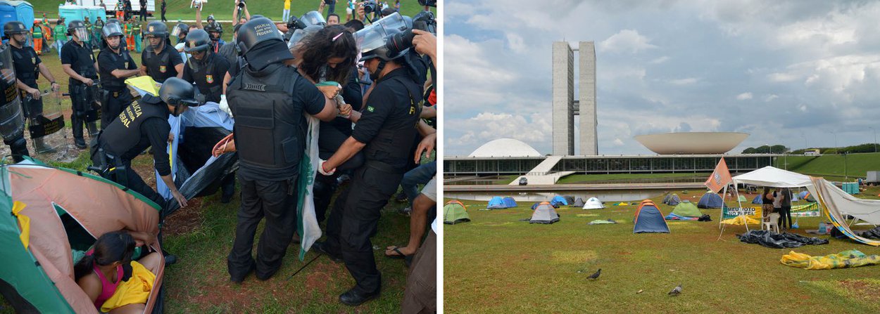 Polícia Militar do Distrito Federal conduziu com tranquilidade a retirada das barracas e dos acampados em frente ao Congresso Nacional, no início da noite deste sábado; manifestantes deixaram o local em paz e não ofereceram resistência; houve um princípio de tumulto entre manifestantes de outro acampamento, que defendem uma intervenção militar entraram em confronto com um grupo contrário; Polícia Militar do Distrito Federal usou gás de pimenta para dispersar a briga