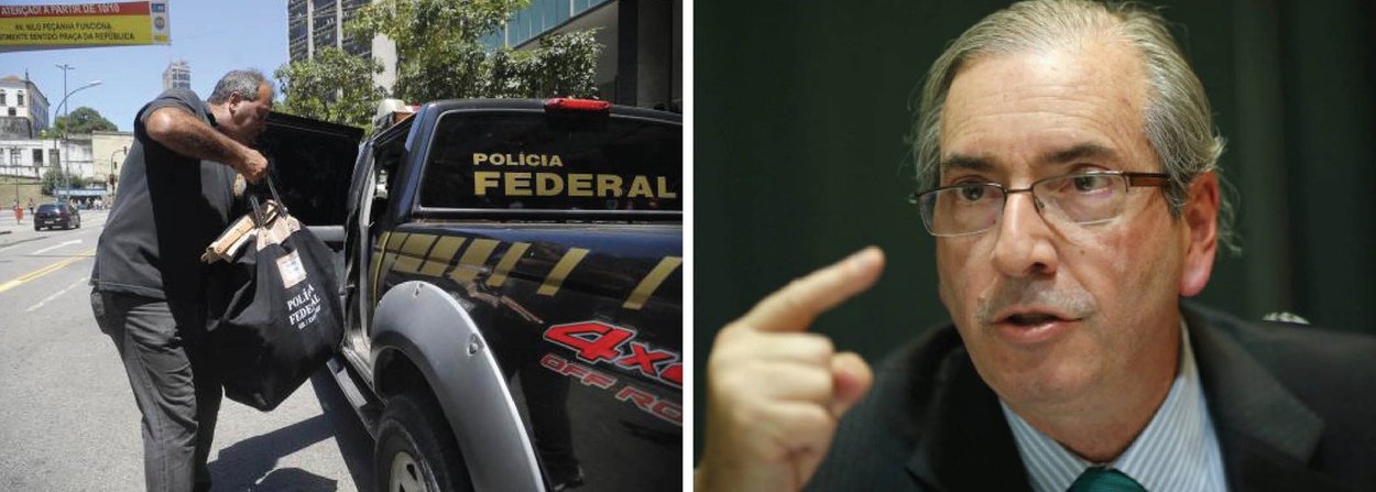 No escritório que o presidente da Câmara, Eduardo Cunha (PMDB) mantém no centro do Rio de Janeiro, agentes da Polícia Federal levaram um malote e uma caixa; na Operação Catilinária, a PF realizou buscas e apreensões na casa de Cunha no Rio e na residência oficial da presidência da Câmara em Brasília; o articulador do golpe contra a democracia é investigado por corrupção, lavagem de dinheiro e por receber suborno pela intermediação de contratos superfaturados; também responde processo por manter contas ilegais no exterior