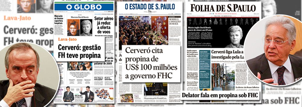 Enquanto a Folha escondeu a notícia de que uma transação no apagar das luzes do governo FHC gerou US$ 100 milhões em propinas para o PSDB com a informação de que Nestor Cerveró foi nomeado diretor da BR Distribuidora por "gratidão" de Lula, o Globo avaliou que a crise do setor aéreo era mais importante do que a denúncia, noticiada discretamente em sua primeira página; o Estado de S. Paulo, por sua vez, deu peso maior a uma disputa política na Venezuela do que à notícia que envolve FHC e seu partido; a partir de amanhã, o caso deve desaparecer dos jornais