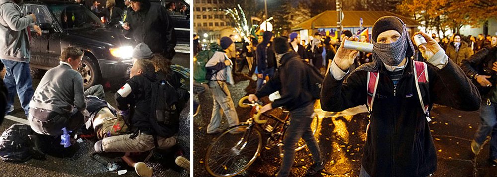 Milhares de manifestantes americanos foram às ruas protestar contra a eleição de Donald Trump pela terceira noite consecutiva; na madrugada deste sábado, 12, uma pessoa foi baleada em Portland, Oregon; mais cedo, manifestantes bloquearam o tráfego e atiraram objetos contra a polícia de choque de Portland, que respondeu com gás de pimenta e bombas de efeito moral