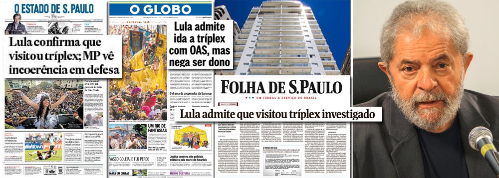 Depois do crime da ex-primeira-dama Marisa Letícia, que foi a compra, com nota fiscal, de uma canoa de lata de R$ 4,1 mil, o ex-presidente Luiz Inácio Lula da Silva também cometeu um delito terrível: visitou um imóvel, no Guarujá, que poderia ser dele; essa é a leitura do cartel da mídia, que escolheu o verbo admitir para noticiar a nota do Instituto Lula sobre a polêmica; Globo, Folha e Estado trataram como escândalo o fato de Lula ter ido ao local e tentaram contestar sua versão; ontem, em nota, Lula afirmou que ele e Marisa adquiriram uma cota, declararam no Imposto de Renda e também ao TSE, mas que desistiram da opção de compra do imóvel depois do circo armado pela imprensa